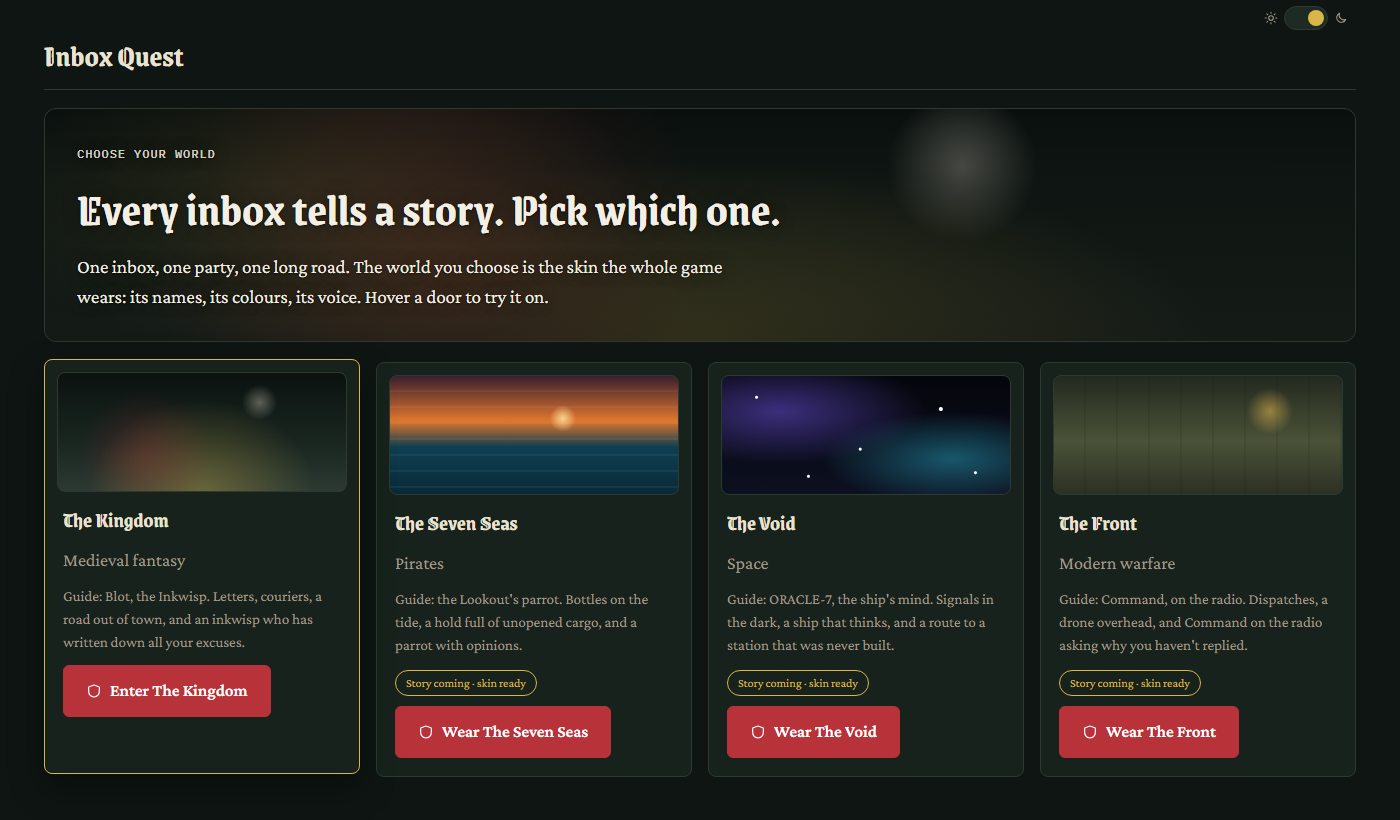 Choosing a world: four cards for The Kingdom, The Seven Seas, The Void and The Front